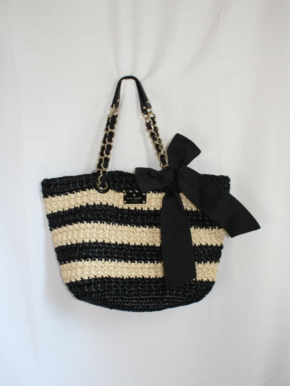 Kate Spade Coal Point Breeze Blk & Tan Striped Woven Raffia Tote, Patent Accents